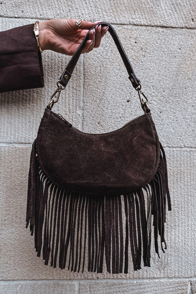 Leather Suede Bag with Fringes Chocolate Aurelisse