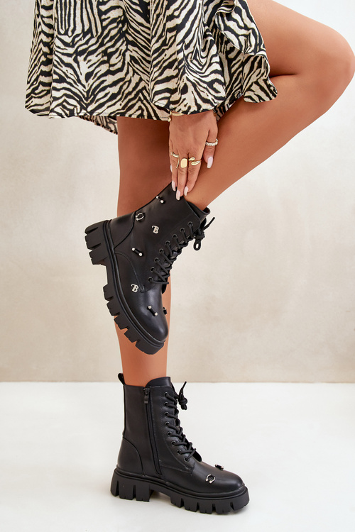 Women's Worker Boots With Decorations Eco Leather Black Cadenilla