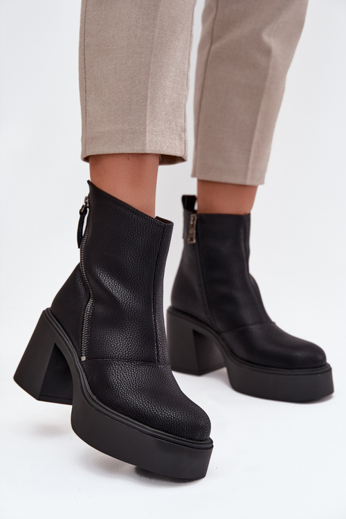 Botki Damskie Skóra Naturalna Ocieplane Słupek Platforma Czarne Vinceza 66831