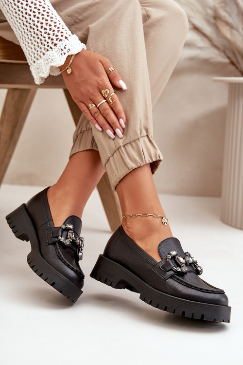 Ladies Leather Moccasins With Decoration Black CheBello 4369