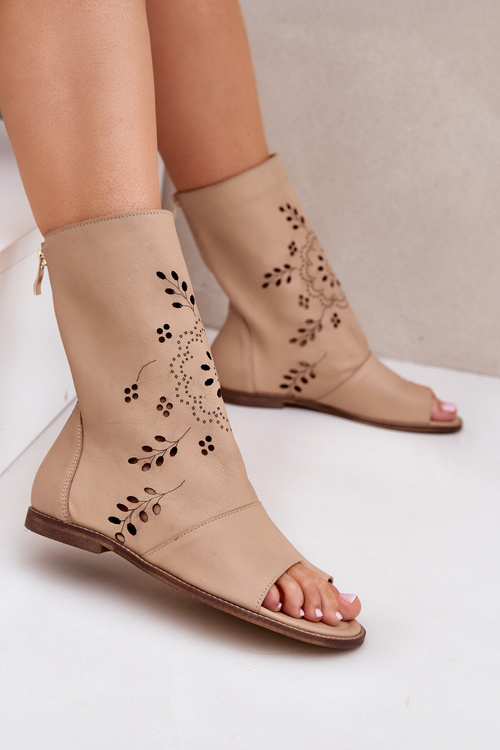 Zazoo 3437 Women's Leather Sandals With Zipper Beige