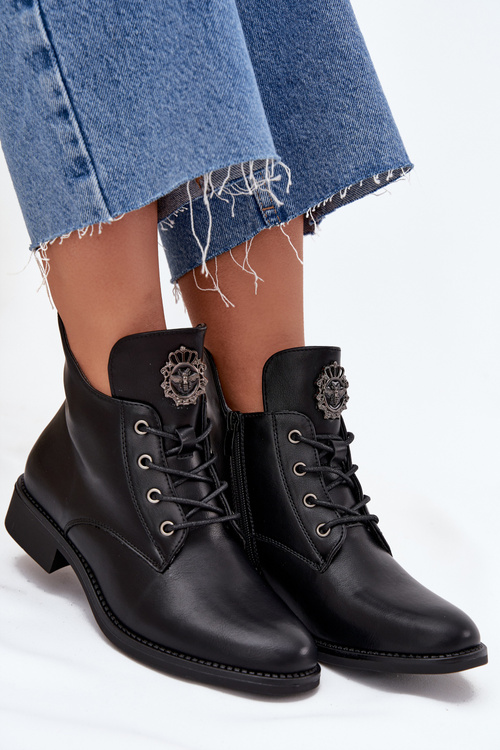 Low Women's Ankle Boots With Flat Heel With Decorative Detail Insulated Black Cylira