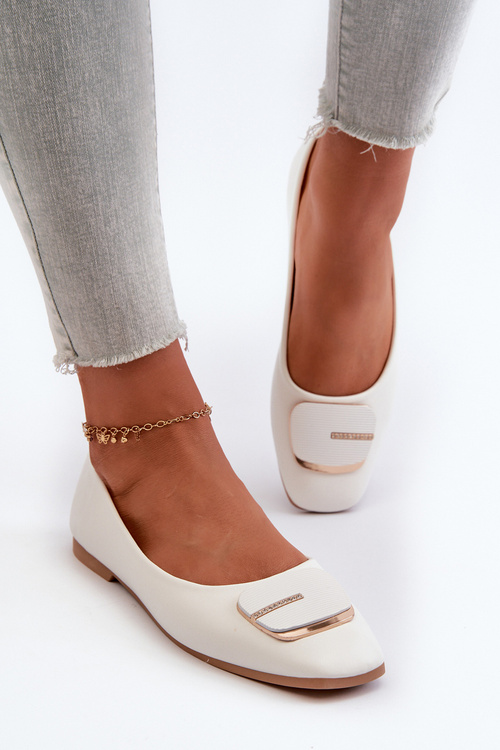 Women's Eco Leather Ballerina Flats with Decoration White Edoslli