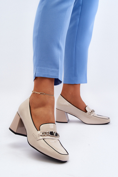 Beige Patent Low Heel Court Shoes with Embellishment Makki