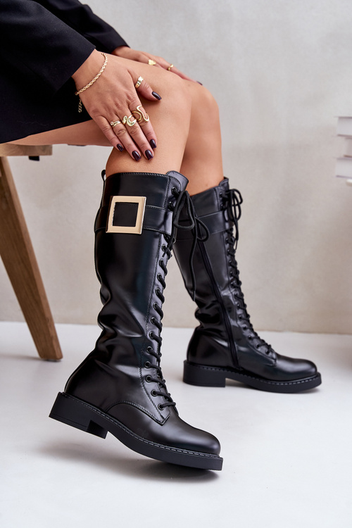 Combat Boots With Decorative Buckle Black Linnealisa