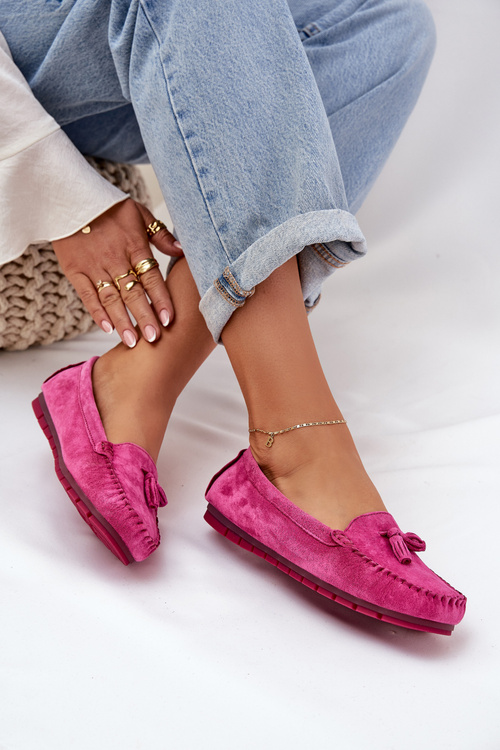 Women's Flat Classic Suede Moccasins S.Barski LR51-548 Fuchsia