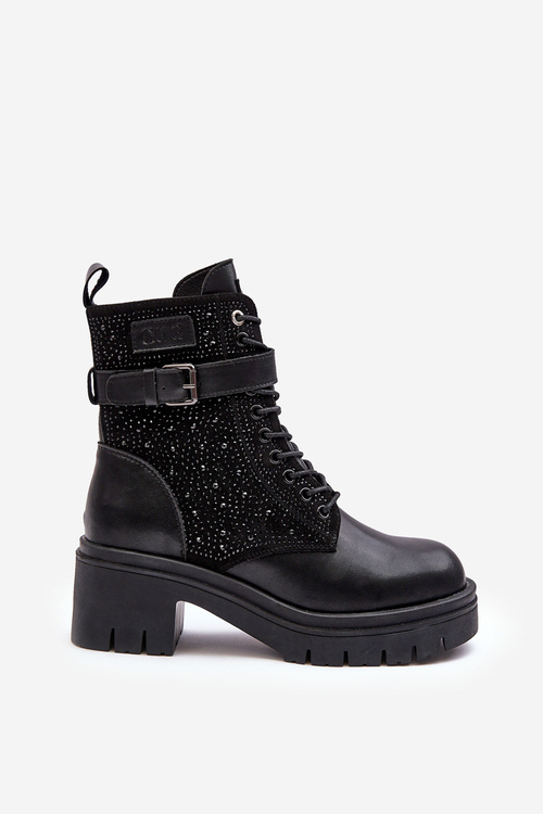 Leather Boots Workery Embellished with Rhinestones GOE MM2N4041 Black
