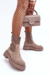 Women's Suede Boots With Sock On Platform And Flat Heel Dark Beige Rewam