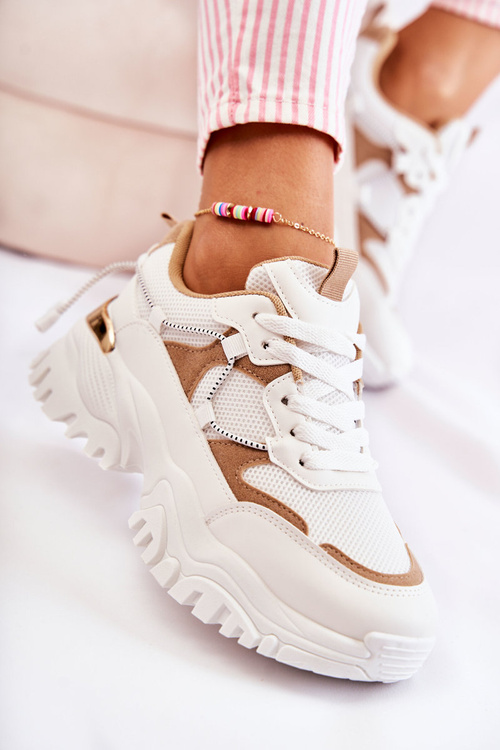 Buty Sportowe Modne Materiałowe Beżowo-Białe Amariso