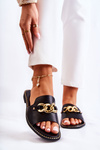 Fashionable Slippers With A Chain On A Flat Heel Black Finess