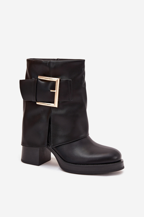 Women's Insulated Heeled Boots with Golden Buckle Black Milira