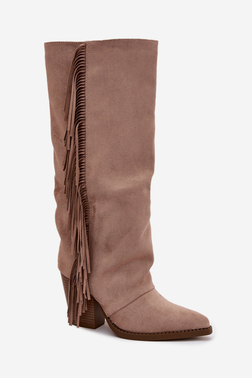 Women's Cowboy Boots With Fringes On A Heel Beige Tivara