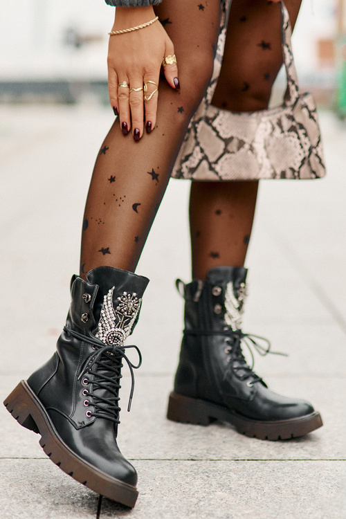 Eco Leather Ankle Boots Workers With Decoration Insulated D&A Black MR880-080