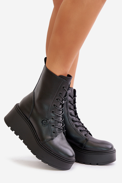 Leather Worker Boots Insulated On Platform And Wedge Vinceza 58338 Black