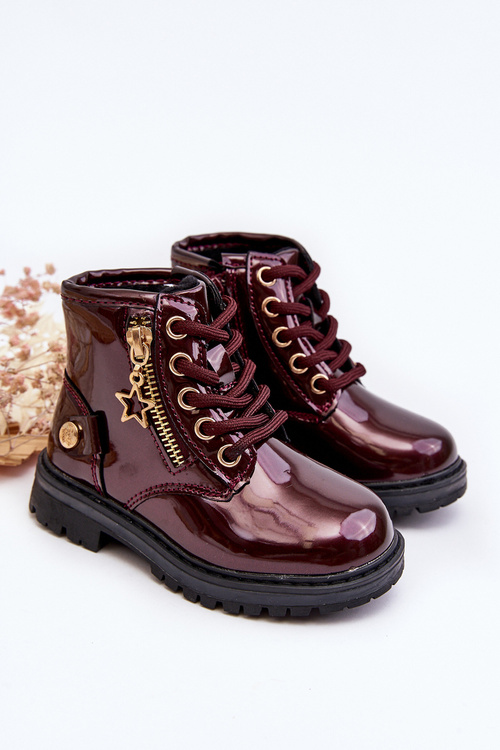 Burgundy Patent Leather Zip-Up Ankle Boots Felori