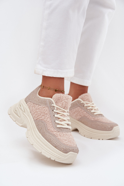 Damskie Sneakersy Masywna Platforma Cyrkonie I Futerko Jasnobeżowe Zarika