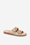 Shiny embellished flip flops with buckles on flat heel gold Tovira