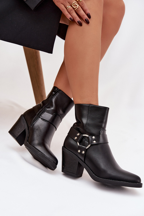 Damskie Botki Obcas Słupek Ocieplane Z Ozdobnym Elementem Czarne Jurelle