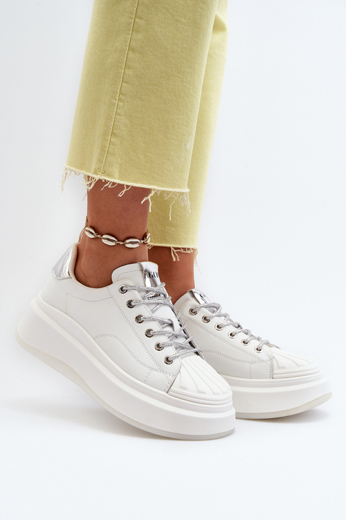Sneakersy Damskie Na Platformie Skóra Naturalna Białe GOE NN2N4033
