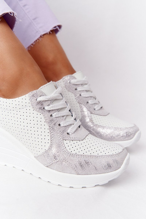 Skórzane Sneakersy Na Koturnie S.Barski Biało-Srebrne