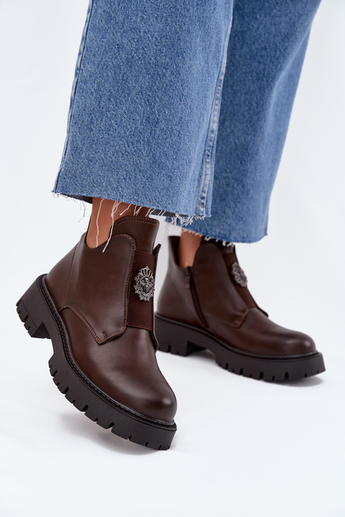 Botki Damskie Na Zamek Ocieplane Niskie Ozdoba Brązowe Lavira