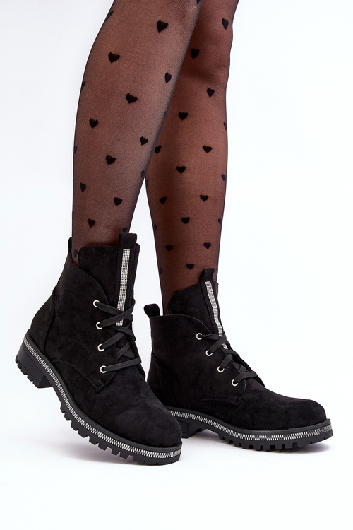 Botki Damskie Zdobione Zamsz Czarne Plesca NC1187