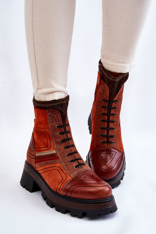 Botki Damskie Skóra Płaski Obcas Pomarańczowo-Brązowe Maciejka 05624-08