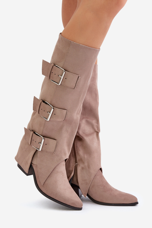 Knee High Heeled Boots With Folded Shaft And Buckles Beige Vamissa