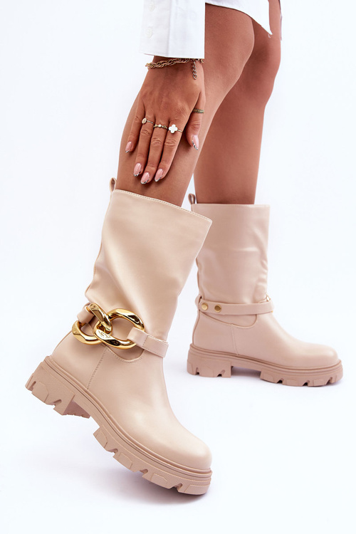 Leather Ankle Boots with Flat Heel Beige Diominna