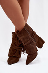 Women's heeled ankle boots with fringes and gold buckles brown Evelisse Botki Damskie