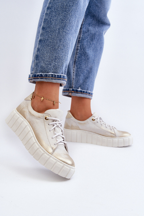 Półbuty Skórzane Damskie Gruba Podeszwa Złote Zazoo 2919