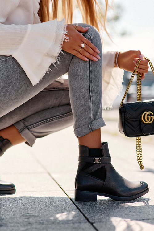 Botki Damskie Płaski Obcas Czarne 6923