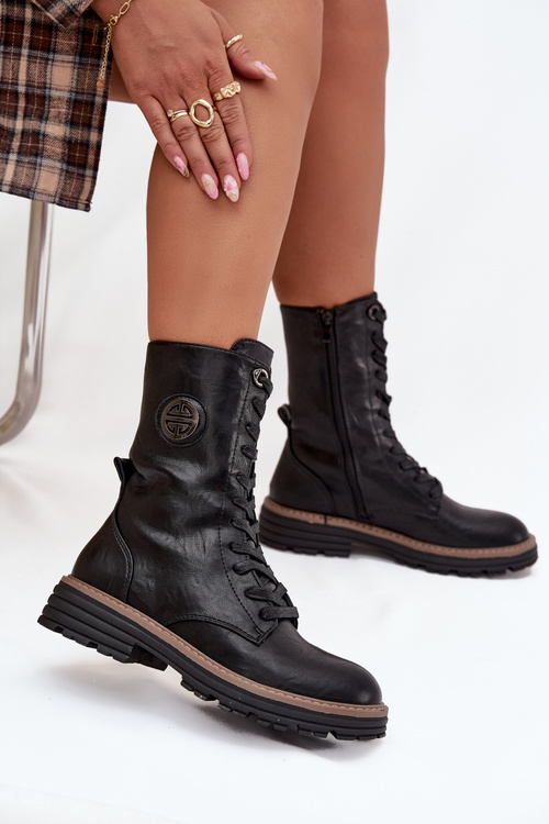 Damskie Botki Workery Ocieplane Ozdobny Detal Czarne Dorialine