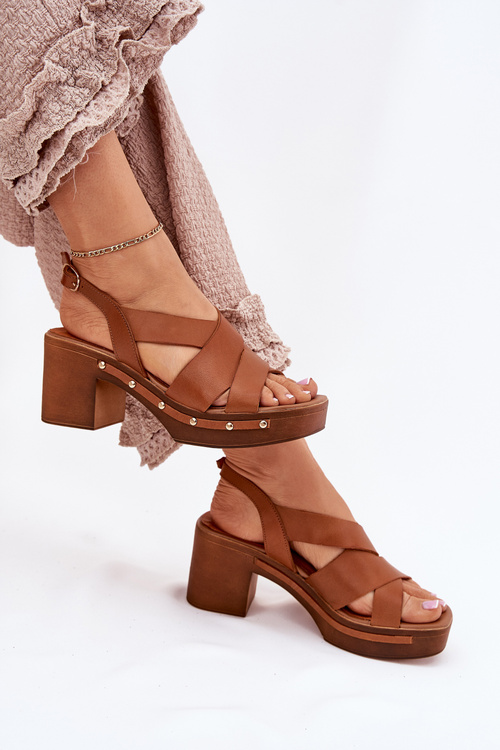 Sandały Na Słupku Skóra Naturalna Brązowe Zazoo 1081