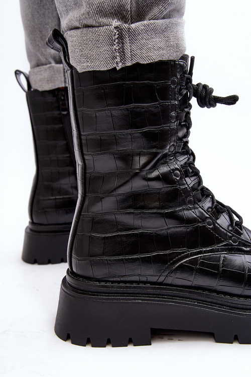 Women's Workery Boots with Decorative Embossing Black Tarolia