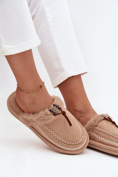 Women's slippers with fur and embroidery Beige Perivelle