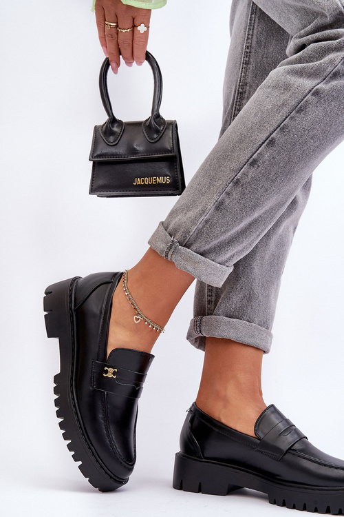 Leather Moccasins With Ornament Black Esperta