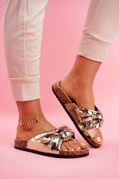 Klapki Damskie z Dużą Kokardą Złote Lovely Time