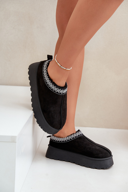 Damskie Kapcie Śniegowce Z Haftem Na Platformie Czarne Tamilda