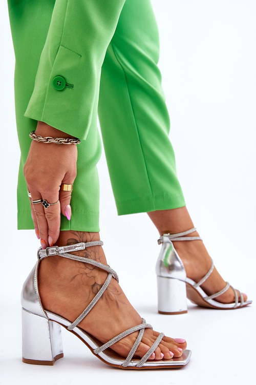 Women's Leather Sandals With Zirconia Heels Silver Liviano