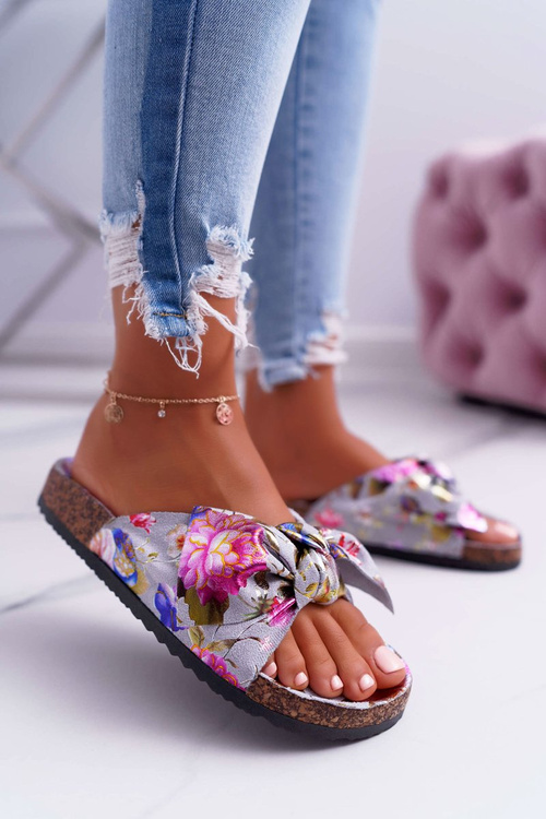 Cork Lining Flip Flops Grey Floral Wendy