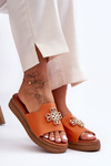 Women's Leather Platform Slippers with Decoration Orange Azera
