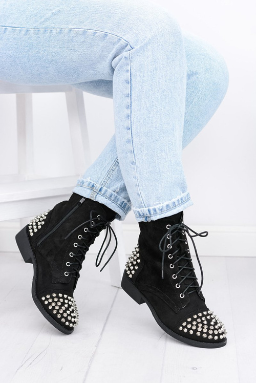 Botki Damskie Lu Boo Zamszowe Czarne Workery z Ćwiekami Tension