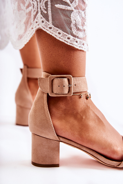 Sandały Zamszowe Niski Słupek Beżowe Graciell