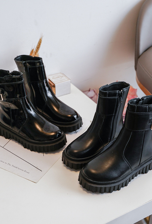 Children's Leather Boots with Buckles Black Chloraia