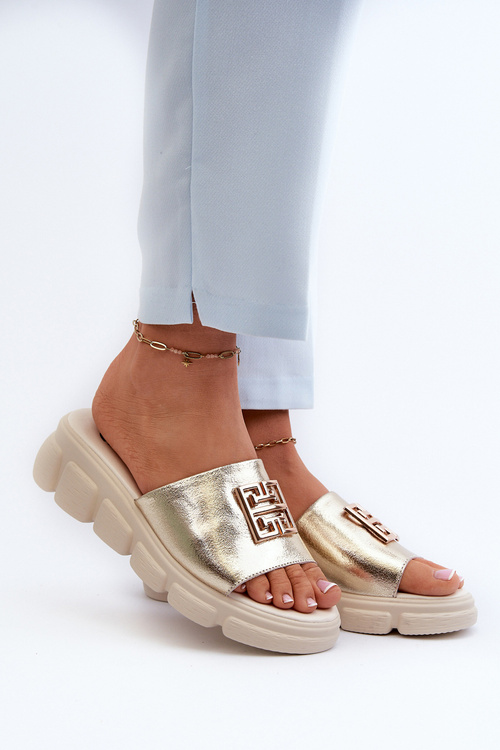 Women's Leather Wedge Sandals with Gold Decoration Vinceza 41444 Gold