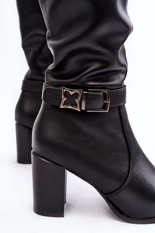 Kozaki Damskie Słupek Klamra Ocieplane Czarne Sendilia KZ103