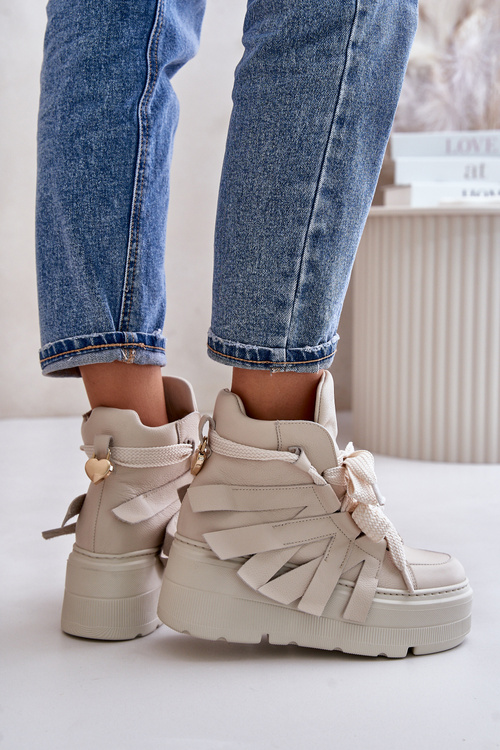 Leather Women's Sneakers On Massive Platform Beige CheBello 4561