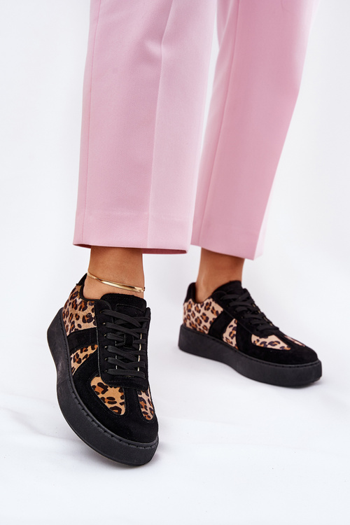Women's Sneakers With Leopard Print On Platform Black Nativira