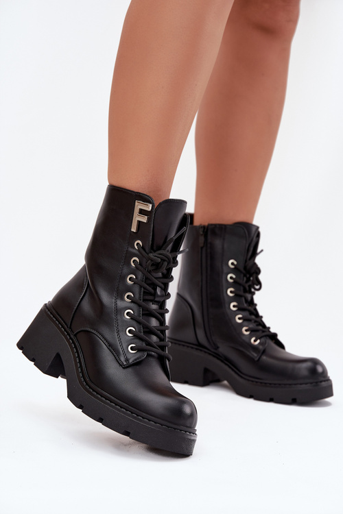 Women's Workery Boots Block Heel Insulated With Letter F Black Lurina